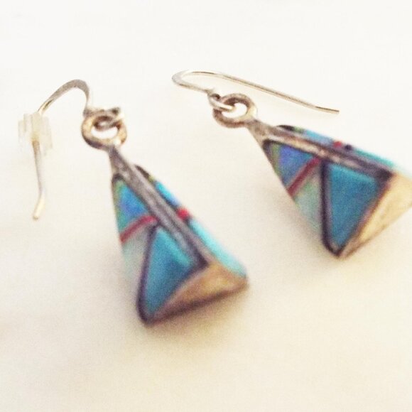 NAVAJO LEN ADAKAI STERLING PYRAMID OPAL, JET & TURQUOISE INLAY PIERCED EARRING B - Picture 2 of 6